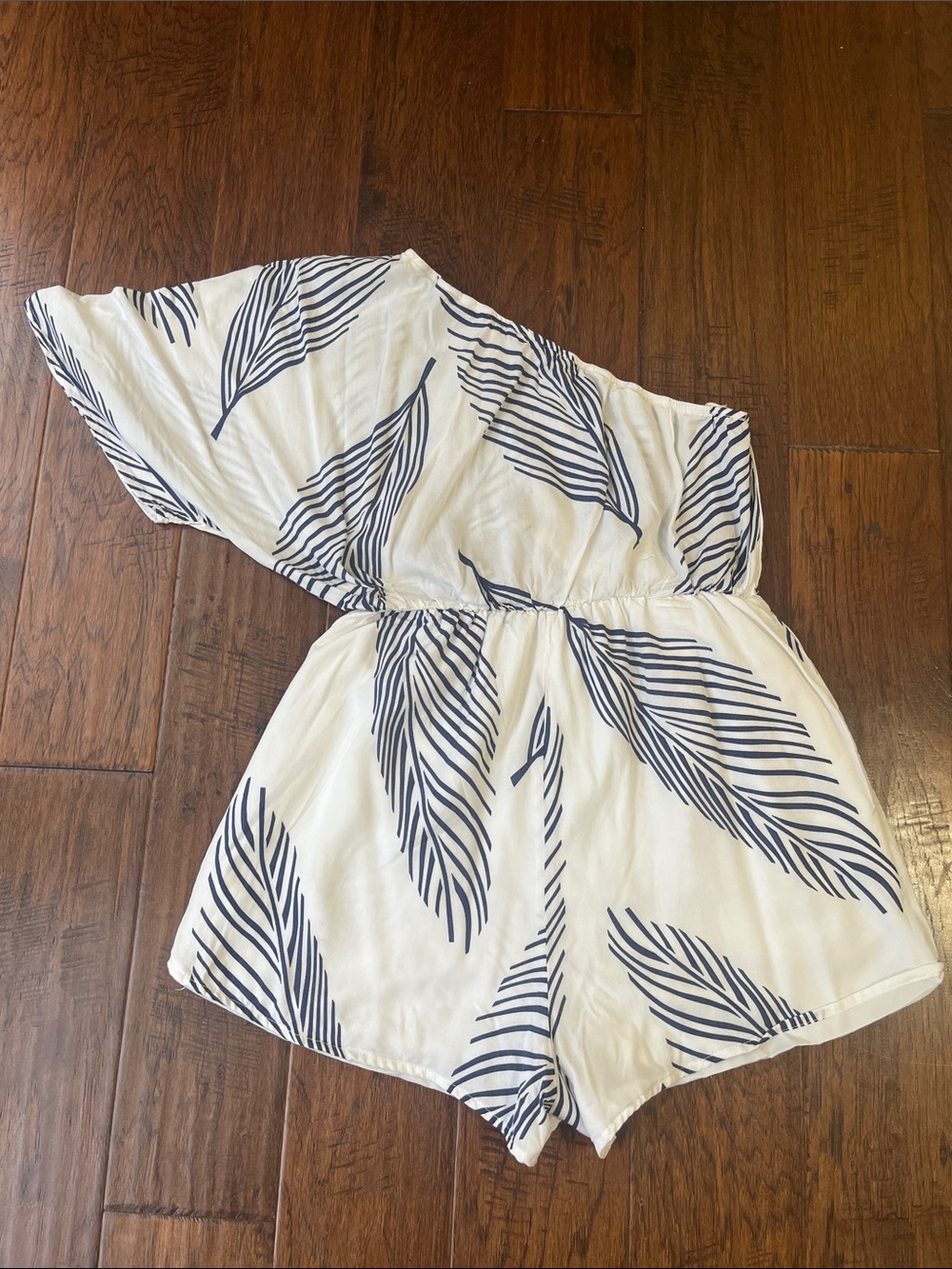 White One-Shoulder Romper with Navy Leaf Print